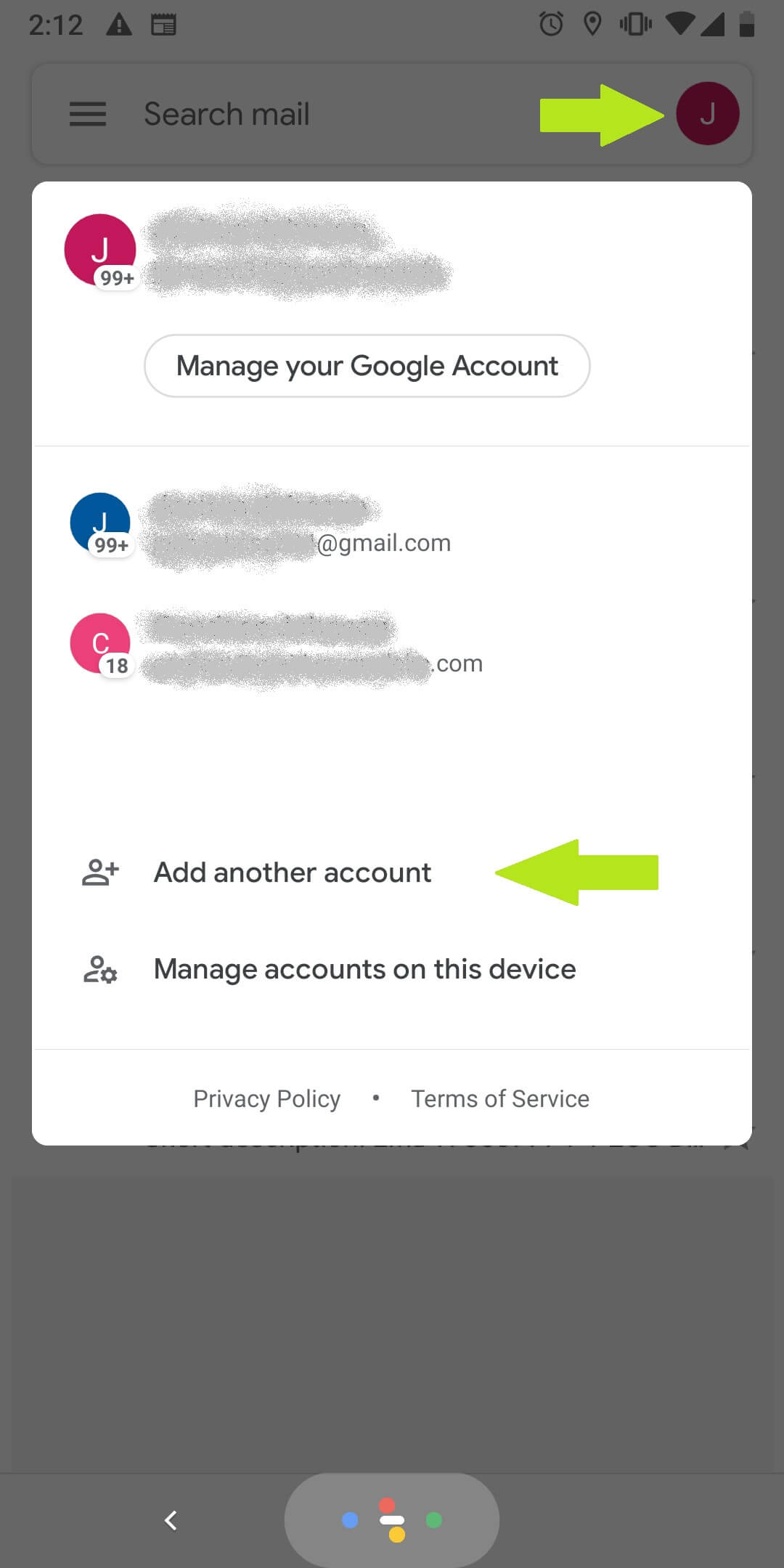 From inside your Gmail app, tap the account icon in the top right corner. Then tap Add another account.