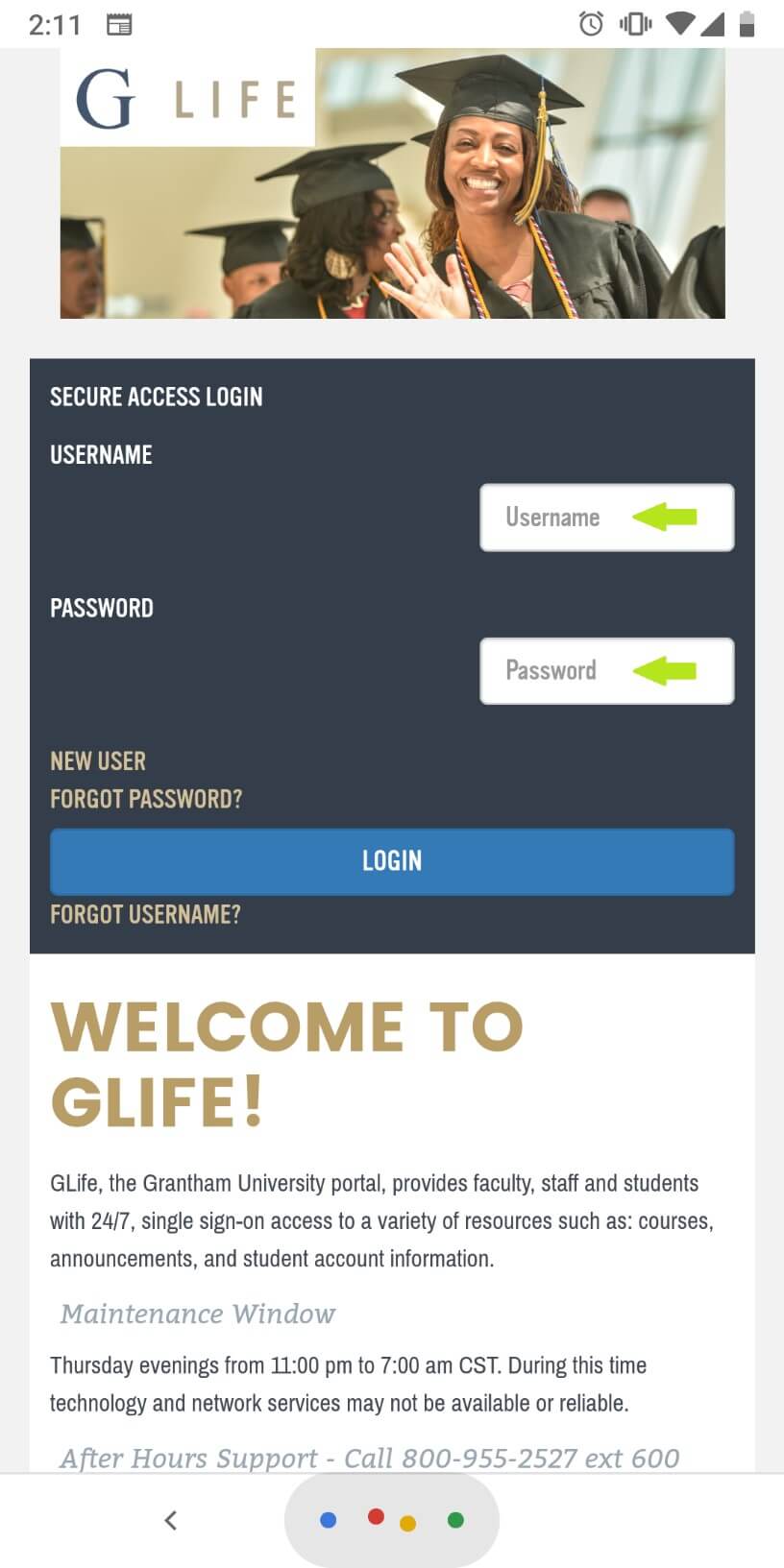 You will be redirected to the GLife home page. Enter your GLife username and password and tap LOGIN.