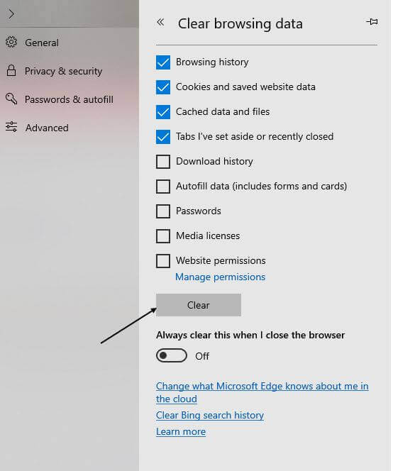 Ensure the first four options are selected and then click Clear.