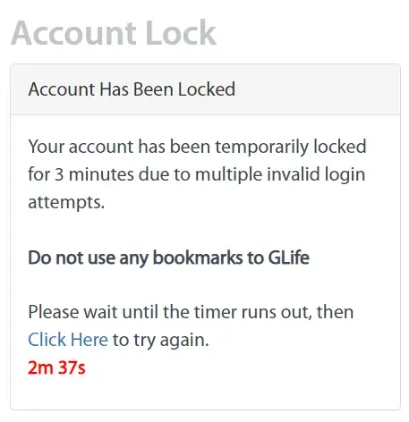 Account has been locked page after attempting to log in before the timer runs down will reset the lockout time to three minutes.